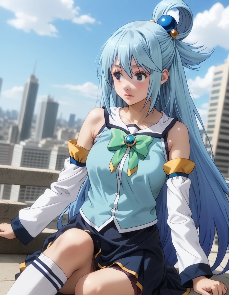 score_9, score_8_superior, score_7_superior, sauce_anime,
KonoSubaAqua, Aqua \(KonoSuba\), Long Hair, blue eyes, hair ornaments, very Long Hair, Blue Hair, Hair Ring, シングルHair Ring, Hair ties,
skirt, shirt, Knee socks, Bare shoulders, Removable sleeves, white Knee socks, blue skirt, blue shirt, Green ribbon,
Outdoor, Cityscape, I had already finished,
View your viewers, Cowboy Shot, Dutch Angle, pelada