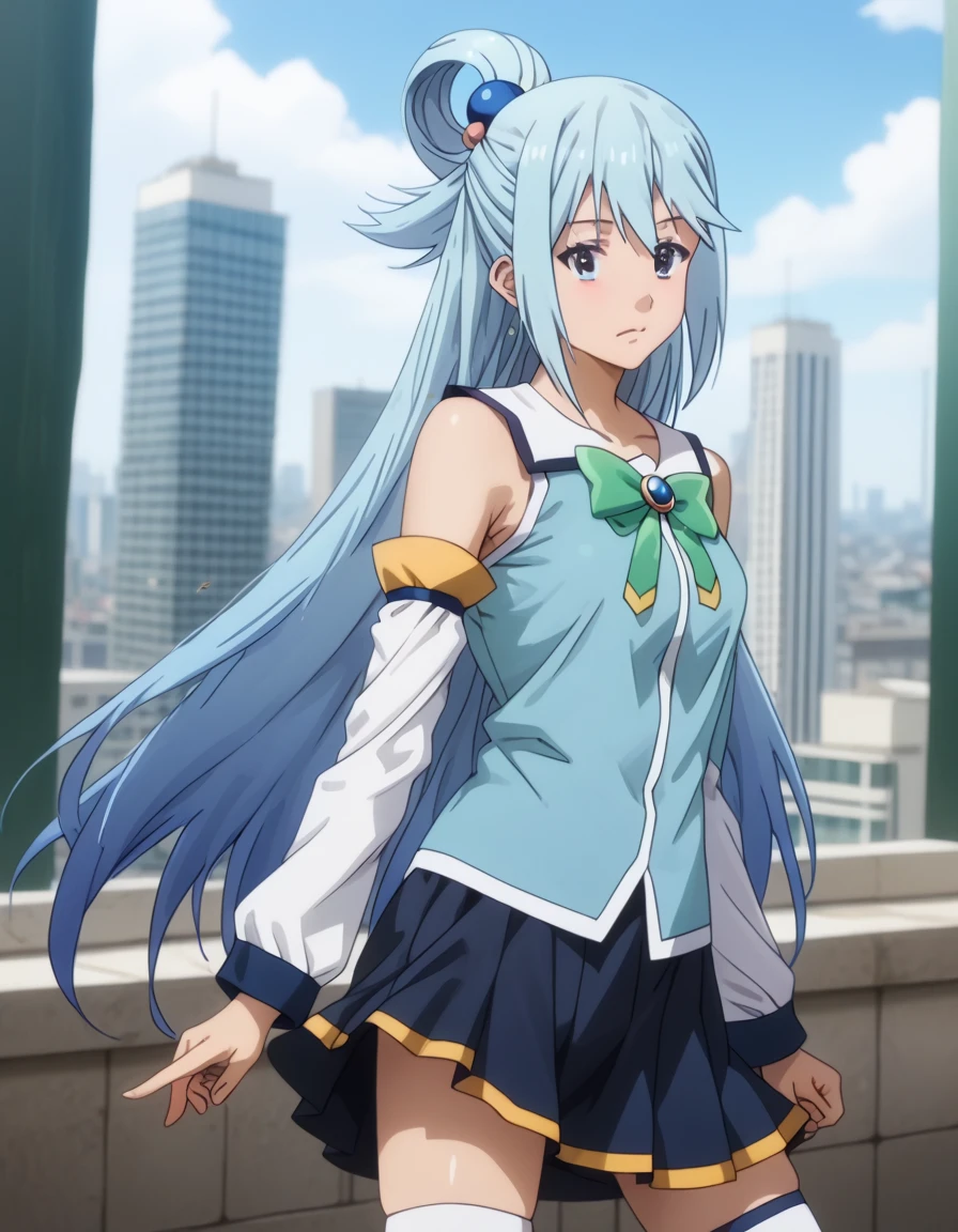 score_9, score_8_superior, score_7_superior, sauce_anime,
KonoSubaAqua, Aqua \(KonoSuba\), Long Hair, blue eyes, hair ornaments, very Long Hair, Blue Hair, Hair Ring, シングルHair Ring, Hair ties,
skirt, shirt, Knee socks, Bare shoulders, Removable sleeves, white Knee socks, blue skirt, blue shirt, Green ribbon,
Outdoor, Cityscape, I had already finished,
View your viewers, Cowboy Shot, Dutch Angle, pelada