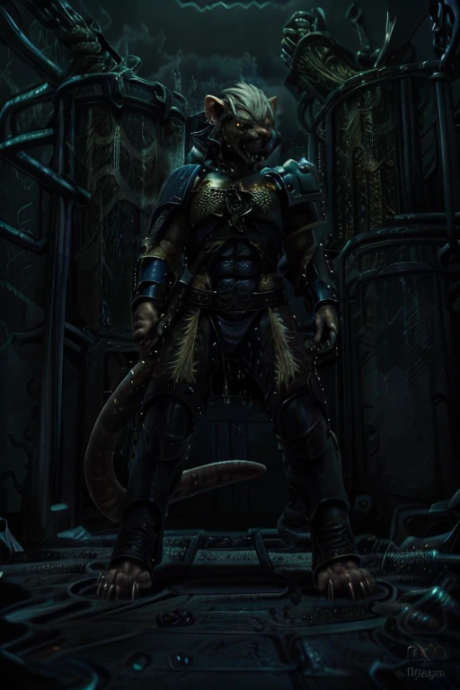 solo,anthro, rat, rodent, skaven, fluffy, safe, rat tail, hairy, warhammer fantasy, vermintide, front view, black body:1.3,masterpiece,highly detailed,8k resolution,solo,ultra detailed perfect piece,masterpiece,extremely detailed CG 8k,very fine 8K CG,best quality,absurdres,zoomed out view,full body view, full length portrait,((anthro)), 8k, 4k, 2k, detailed, intricate, (female), ((solo)), ((detailed fur)),Perfect Anatomy

Detailed background,a desert themed wasteland in a battle feild, in control of other skaven,zoomed out full body view

Character a very big and tall Skaven female standing at over 12ft tall being a towering figure being taller then a house,D cups,thick thighs,feminine massively over-muscled phyique with abs,muscular arms,muscular legs,short white hair in a bob cut,thick messy fur on the body,dark black fur only,golden yellow eyes,one singular long pink rat tail,a pink nose on her snout,sharp fanged teeth on the muzzle,hands and feet being pink and rat like paws like with long and sharp claws for, she is smiling and confidently

She wears nothing but a space marine’s armor but with no helmet or gloves or boots, the armor is scavanged up and themed to fit for a skaven as a scavanges and forced to fit for a top and bottoms, the armor has an energy shield powered by the green glow of warpstone, the armor is black with the main color, red with rhe secondary color, with gold and silber timmongs

She has a Modified Storm Bolter in her left hand, a powerful flamethrower, and in her right hand lightning-infused blue steel axe with a blue lighting glow to it,with her armor having a green glow due to warpstone 

Must have black fur,as in jet black color for a pure black coat of fur,but not white fur with Space Marine themed armor

by personalami, by zephyxus, by darkgem, by null-ghost, skaven, MFBP1