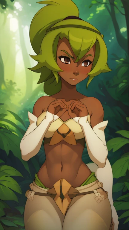 ((ultra quality)), ((masterpiece)), Amalia Sheran Sharm, Wakfu style, ((medium long green hair tied in a ponytail, has bangs)), (Beautiful face), (beautiful female lips), (), charming, ((sexy facial expression)), looks at the camera, eyes slightly open, (skin color white), (White skin), glare on the body, ((detailed beautiful female eyes)), ((dark brown eyes)), (juicy female lips), (dark eyeliner), (beautiful female hands), ((ideal female figure)), ideal female body, beautiful waist, gorgeous thighs, beautiful medium breasts, ((subtle and beautiful)), sexy worth (), (green clothes Amalia Sheran Sharm - wakfu season 3, White pants, long white gloves with open palms, Yellow top) background: the forest, ((depth of field)), ((high quality clear image)), (clear details), ((high detail)), realistically, professional photo session, ((Clear Focus)), anime coxas grossas Grande