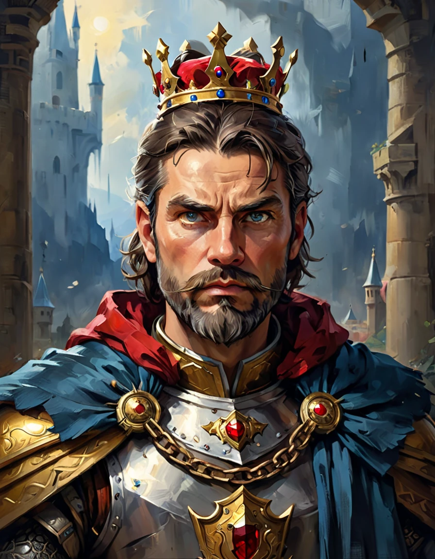 (a portrait of a king with a crown, male), fantasy style, illustration, male, (best quality,4k,8k,highres,masterpiece:1.2),ultra-detailed, natural lighting, dramatic shadows,majestic,ornate crown,flowing cape,piercing eyes,angular facial features,intricate armor,medieval,fantasy landscape background,dramatic colors,rich textures,volumetric lighting, imponent, (front view, looking at the viewer, 40 years old man, man:1.3, imponent, fearless, strong, beard, 85kg weight)