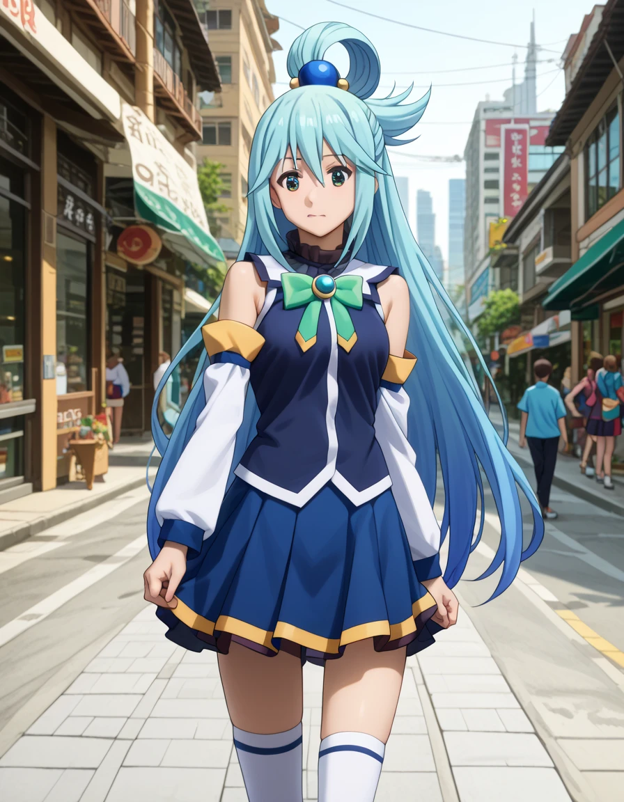 score_9, score_8_superior, score_7_superior, sauce_anime,
KonoSubaAqua, Aqua \(KonoSuba\), Long Hair, blue eyes, hair ornaments, very Long Hair, Blue Hair, Hair Ring, シングルHair Ring, Hair ties,
skirt, shirt, Knee socks, Bare shoulders, Removable sleeves, white Knee socks, blue skirt, blue shirt, Green ribbon,
Outdoor, Cityscape, I had already finished,
View your viewers, Cowboy Shot, Dutch Angle, pelada