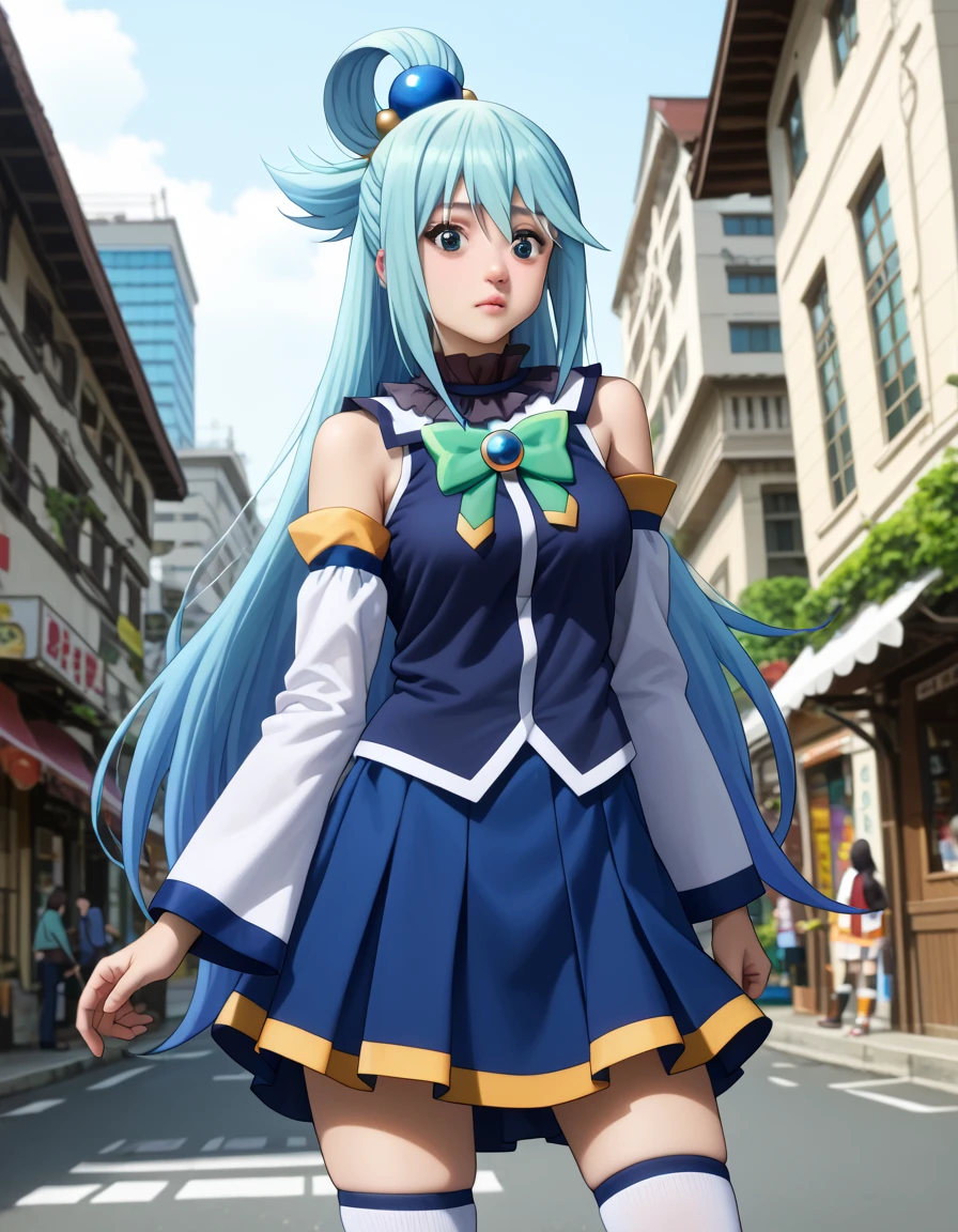 score_9, score_8_superior, score_7_superior, sauce_anime,
KonoSubaAqua, Aqua \(KonoSuba\), Long Hair, blue eyes, hair ornaments, very Long Hair, Blue Hair, Hair Ring, シングルHair Ring, Hair ties,
skirt, shirt, Knee socks, Bare shoulders, Removable sleeves, white Knee socks, blue skirt, blue shirt, Green ribbon,
Outdoor, Cityscape, I had already finished,
View your viewers, Cowboy Shot, Dutch Angle, pelada