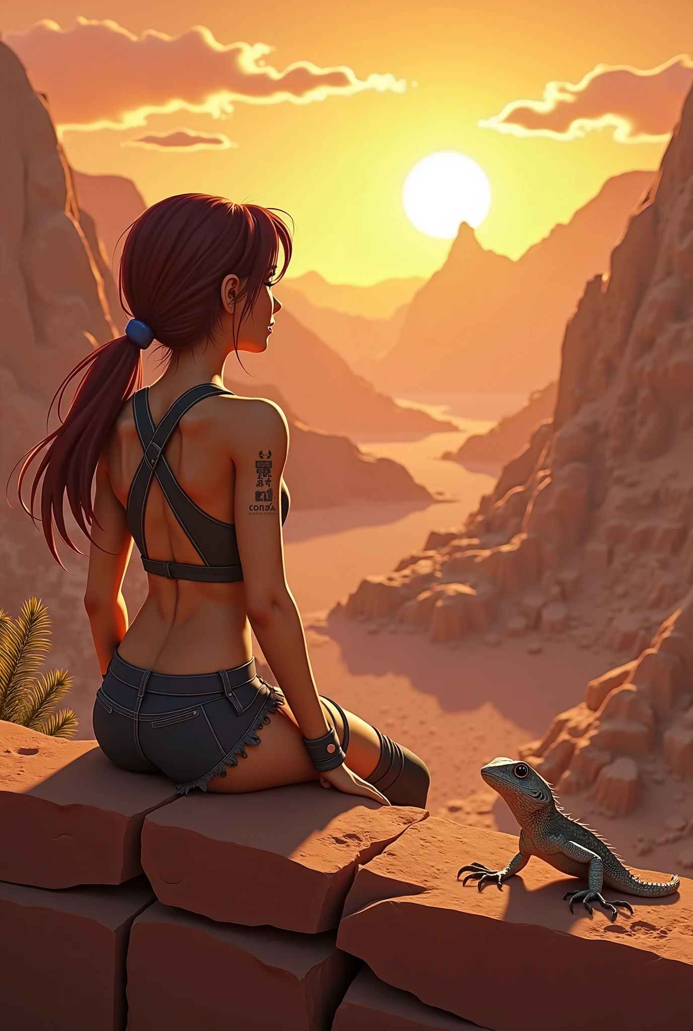  3D realistic anime Lara rested her elbows on the low sandstone wall, her eyes fixed on the glowing sun descending over the distant mountain peaks, nothing between here and there but scorching sand dunes, scorpions, in the occasional lizard