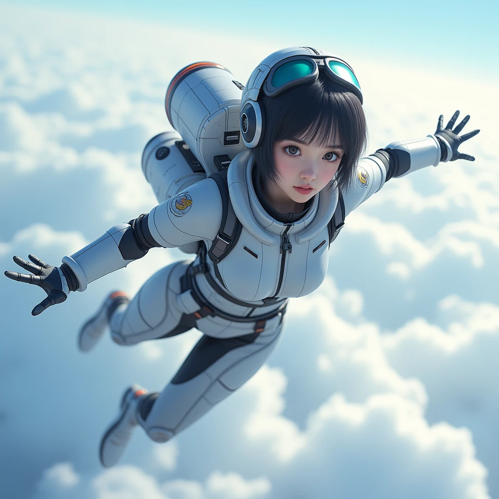 Flying Girl 、 Japanese、、woman、 pretty girl、 black hair short hair、I'm wearing goggles、 carrying a jet engine on her back 、 and has a booster that turns on the back of both legs、 wearing a powered suit girl who can fly 、 The background is flying through the sky 、 top quality 、masterpiece、Realistically、