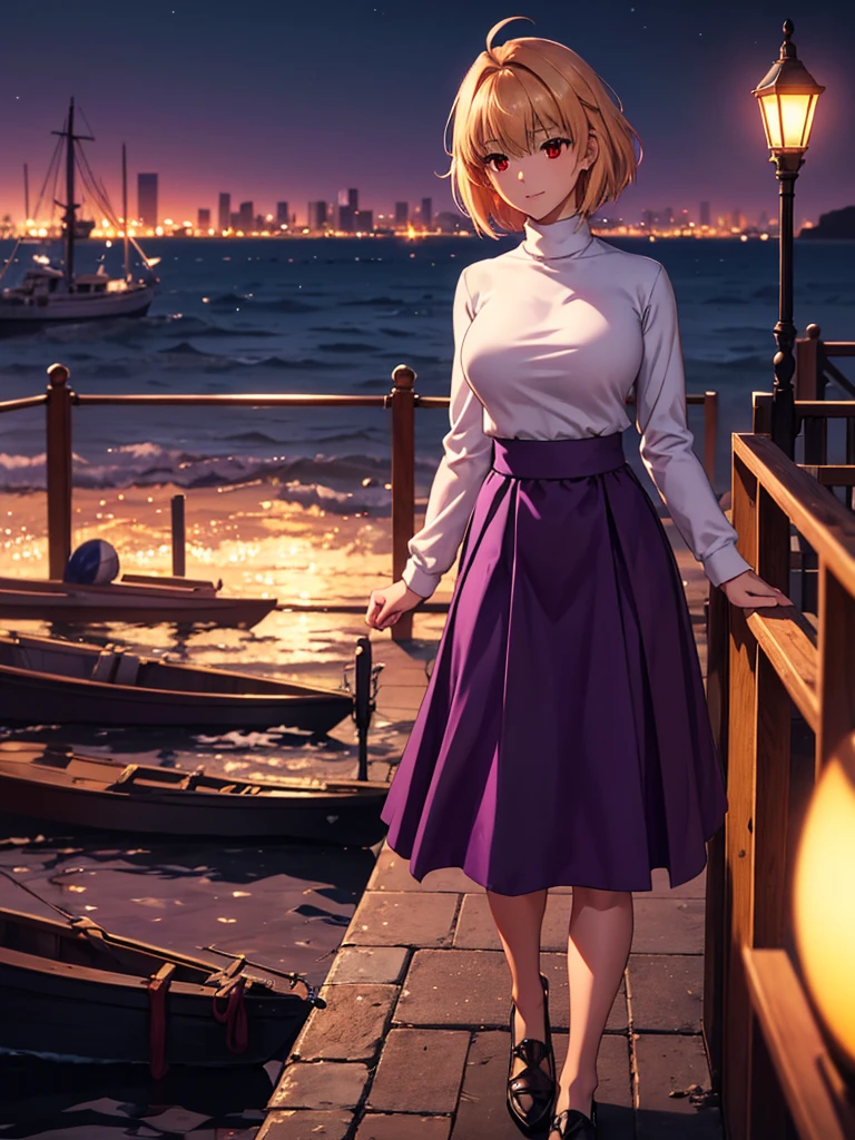 (​masterpiece, top-quality, hight resolution, Unity 8k, extremely details CG:1, Best Picture), arcueid brunestud, blonde hair, (red eyes:1.5), short hair, ahoge, long skirt, (((purple skirt))), sweater, turtleneck, white sweater, large breasts, "A mysterious and beautiful woman standing under the dim light of a street lamp at a quiet harbor at night. The faint glow reflects off the calm water, and cargo crates are stacked nearby. She wears a long coat over a sleek dress, her hair gently tousled by the sea breeze. Her expression is both serene and inviting, as if waiting for someone special or sharing a secret rendezvous. She gazes toward the viewer, a slight smile playing on her lips, one hand tucked into her coat pocket while the other holds a small, unassuming bag. The air feels cool and heavy with the sounds of distant waves."