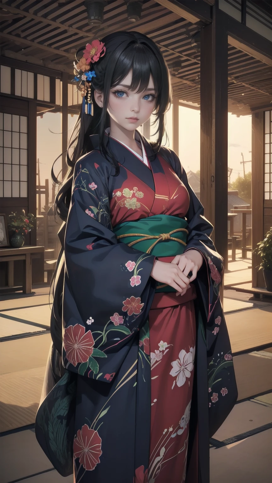 ( masterpiece : 1.2), (  very detailed: 1.2), (  very detailed CG: 1.2), (  high image quality: 1.2), (最  high image quality), 8k,  animated illustration , 、  beautiful girl 、Japanese Yukata/Japanese-style yukata/Japanese style yukata 、　 flower-patterned yukata 、
