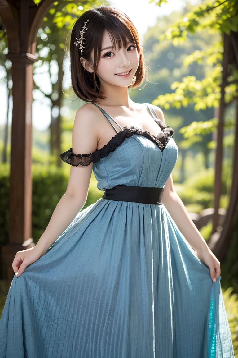  wearing a blue dress with a long skirt,   Japanese idol 、Full dress,  fantasy dress,  Elegant and Attractive Cosplay , Japanese model wearing fantasy style formal attire ,  black shimecut hairstyle,  looking at camera、Detailed and beautiful eyes、 cute smile、 soft and gentle expression 、The background is a deep forest