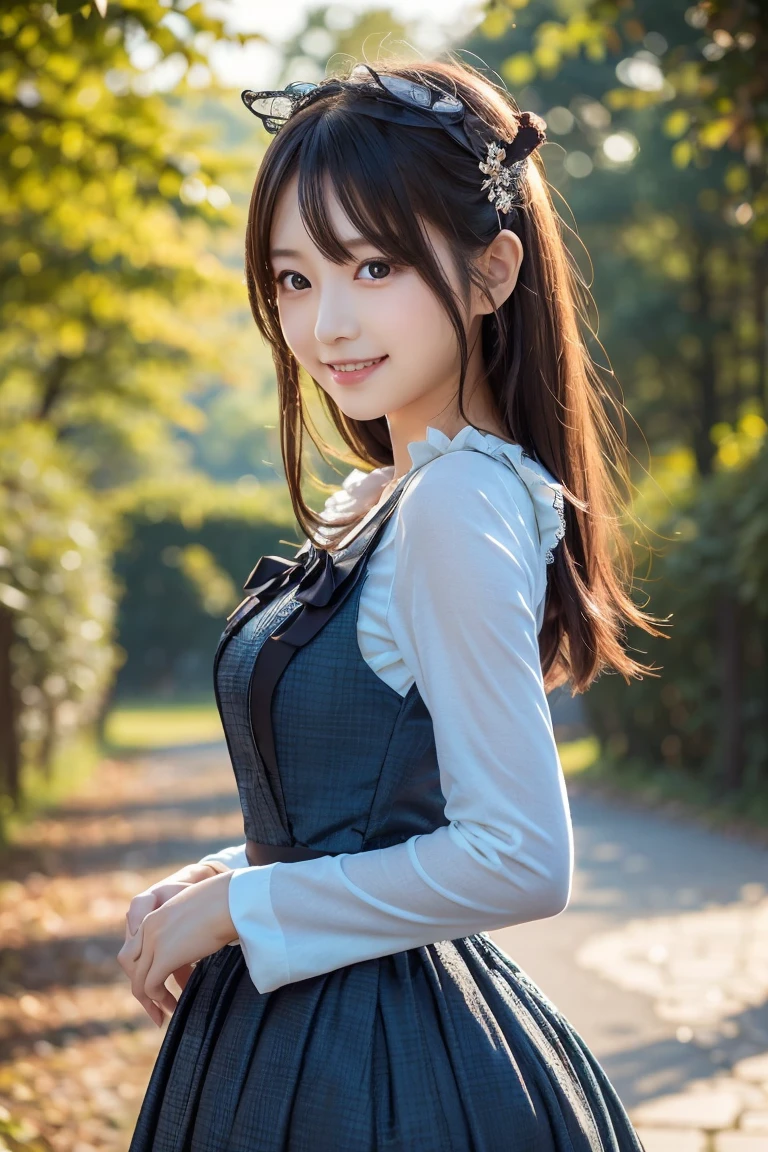  wearing a blue dress with a long skirt,   Japanese idol 、Full dress,  fantasy dress,  Elegant and Attractive Cosplay , Japanese model wearing fantasy style formal attire ,  black shimecut hairstyle,  looking at camera、Detailed and beautiful eyes、 cute smile、 soft and gentle expression 、The background is a deep forest