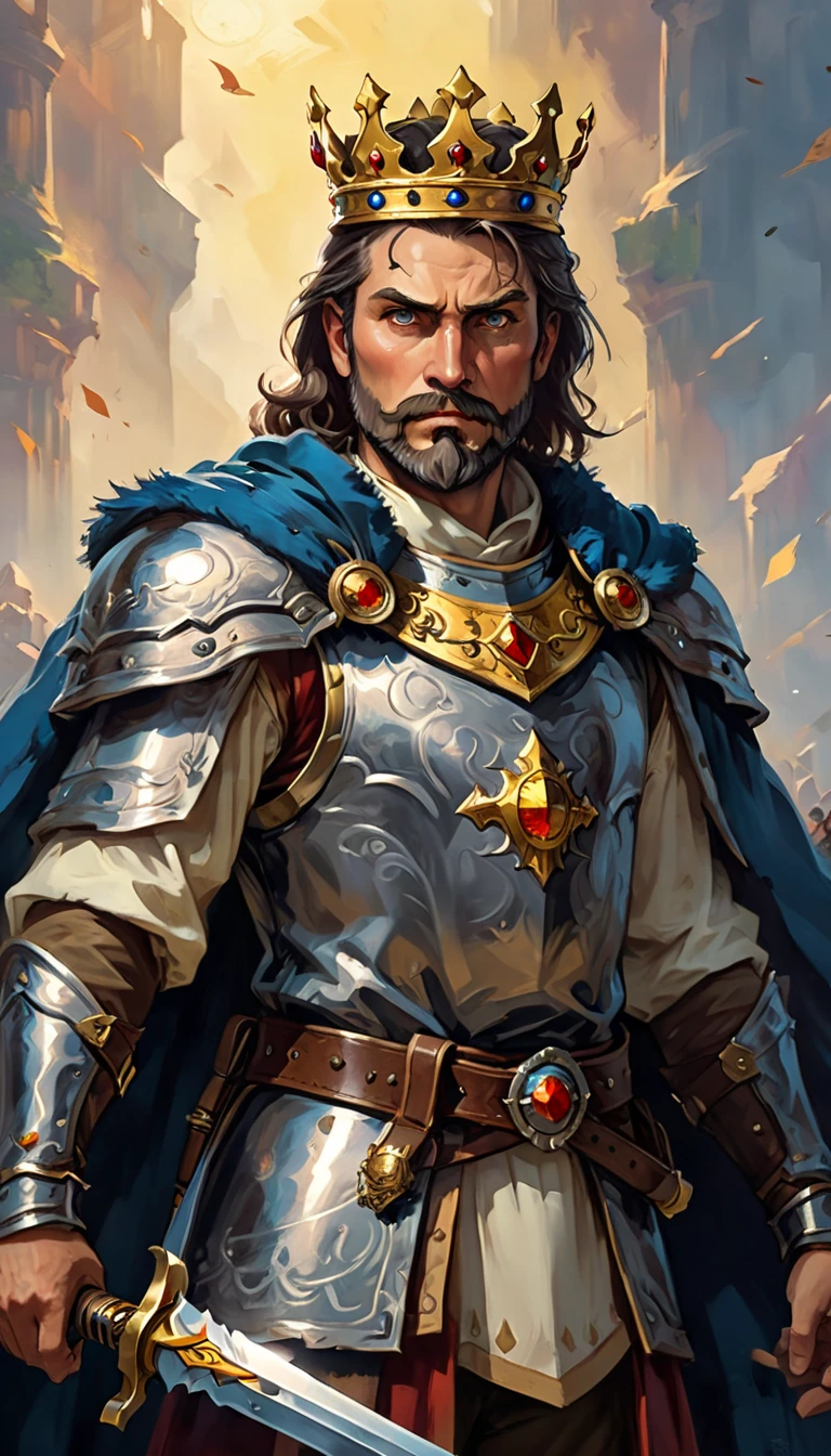 (a portrait of a king with a crown, male), fantasy style, illustration, male, (best quality,4k,8k,highres,masterpiece:1.2),ultra-detailed, natural lighting, dramatic shadows,majestic,ornate crown,flowing cape,piercing eyes,angular facial features,intricate armor,medieval,fantasy landscape background,dramatic colors,rich textures,volumetric lighting, imponent, (front view, looking at the viewer, 40 years old man, man:1.3, imponent, fearless, strong, beard, 85kg weight), a long sword in front