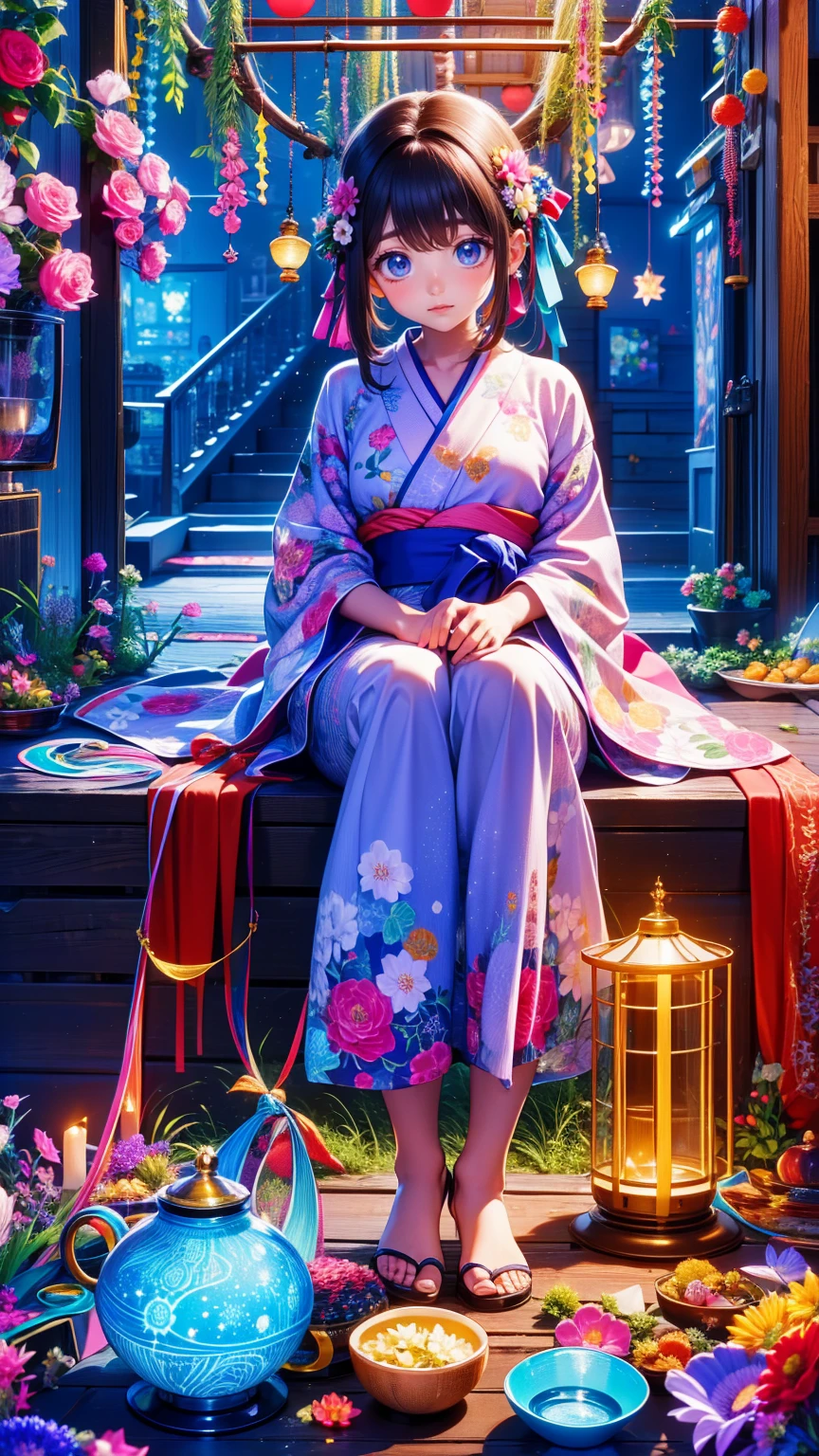 ( masterpiece : 1.2), (  very detailed: 1.2), (  very detailed CG: 1.2), (  high image quality: 1.2), (最  high image quality), 8k,  animated illustration , 、  beautiful girl 、Japanese Yukata/Japanese-style yukata/Japanese style yukata 、　 flower-patterned yukata 、
