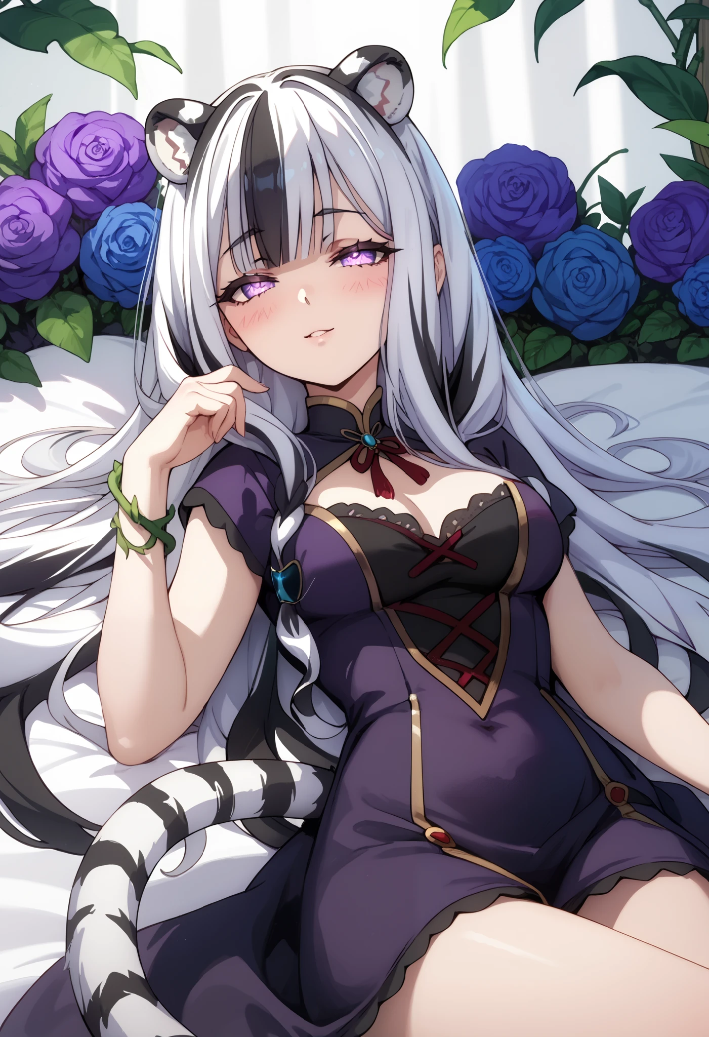 ((masterpiece)), 1girl, solo, long hair, white tiger ears, white tiger tail, blush, half-lidded eyes, white hair, black hair, multicolored hair, purple dress, black dress, multicolored dress, yandere, cute, big breasts, lying on bed, vines with purple flowers, colored art, slowly opening eyes, purple eyes, glowing eyes, mocking the viewer.