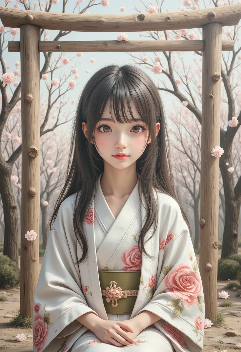 Impressionism style,Pointillism,soft dotted textures,muted pastel tones,1girl\(trk,dreamy shrine maiden, empty eyes, pout,long flowing hair delicate and beautiful like a doll,subtle highlights,traditional kimono with hand-painted floral designs,ARW,peaceful sitting pose,serene garden setting\),delicate cherry blossoms gently falling,wooden torii gate,tranquil and timeless atmosphere,Colors that naturally harmonize people and scenery, fantastic toning