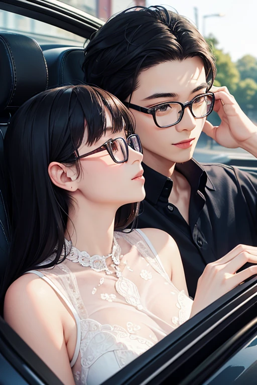 quality、masterpiece、High sensitivity、 high definition 、 detailed description 、 delicate facial depiction )), Slender woman、Glasses、It's flashy too 、 kiss a bit on the road 、 two people walking past each other in a convertible car、