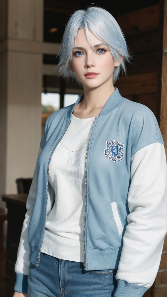 best quality,masterpiece,8k wallpaper,absurdres, highres, ultra detailed, (1 young beautiful girl, solo:1.1),realistic,large breasts,blue eyes,(white hair:1.3),short hair,letterman jacket,bell-bottoms,BREAK