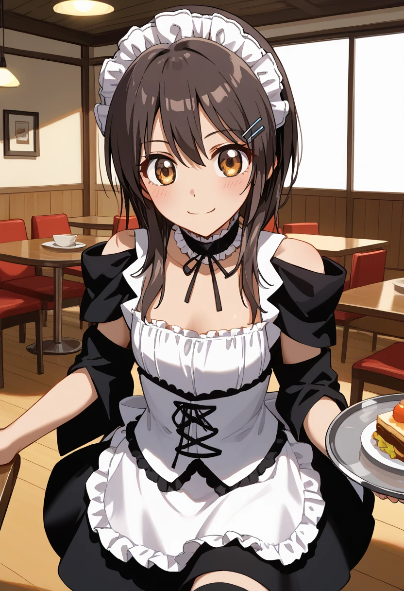  Masterpiece 、 top quality 、score_9、score_8_up、score_7_up、break ung girl, Ayuzawa Misaki , medium hair, Brown Hair, Maid ヘッドドレス, hair clip,  brown eyes, chest, Maid,  frill choker ,  off shoulder,  black dress,  WHITE CORSET,  white apron , black thigh high socks,中chest, break ( stop、The product is placed on the table), (throw),  restaurant , Tray, smile,break ( lean forward、chestの谷間)、break ()