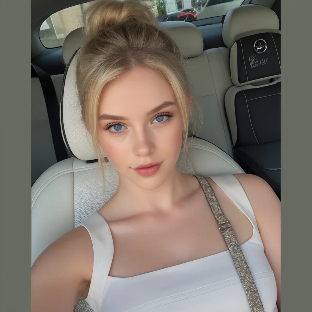 arafed woman sitting in a car with a purse on her shoulder, gorgeous attractive face, extremely beautiful face, perfect face ), attractive beautiful face, sydney sweeney, blonde hair and blue eyes, most beautiful woman on earth, attractive girl, beautiful model girl, instagram model, pale glowing skin, natural soft pale skin, blue eyes and blond hair, beautiful female model