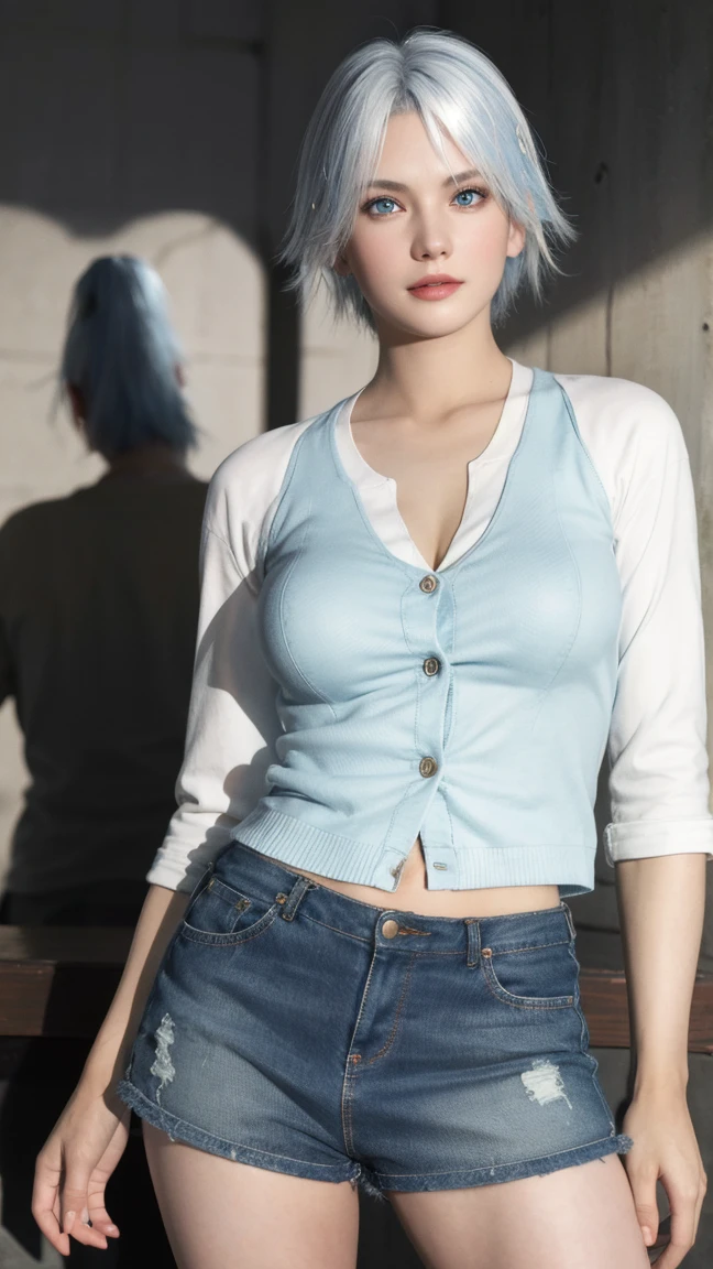 best quality,masterpiece,8k wallpaper,absurdres, highres, ultra detailed, (1 young beautiful girl, solo:1.1),realistic,large breasts,blue eyes,(white hair:1.3),short hair,cardigan vest,shorts under skirt,BREAK