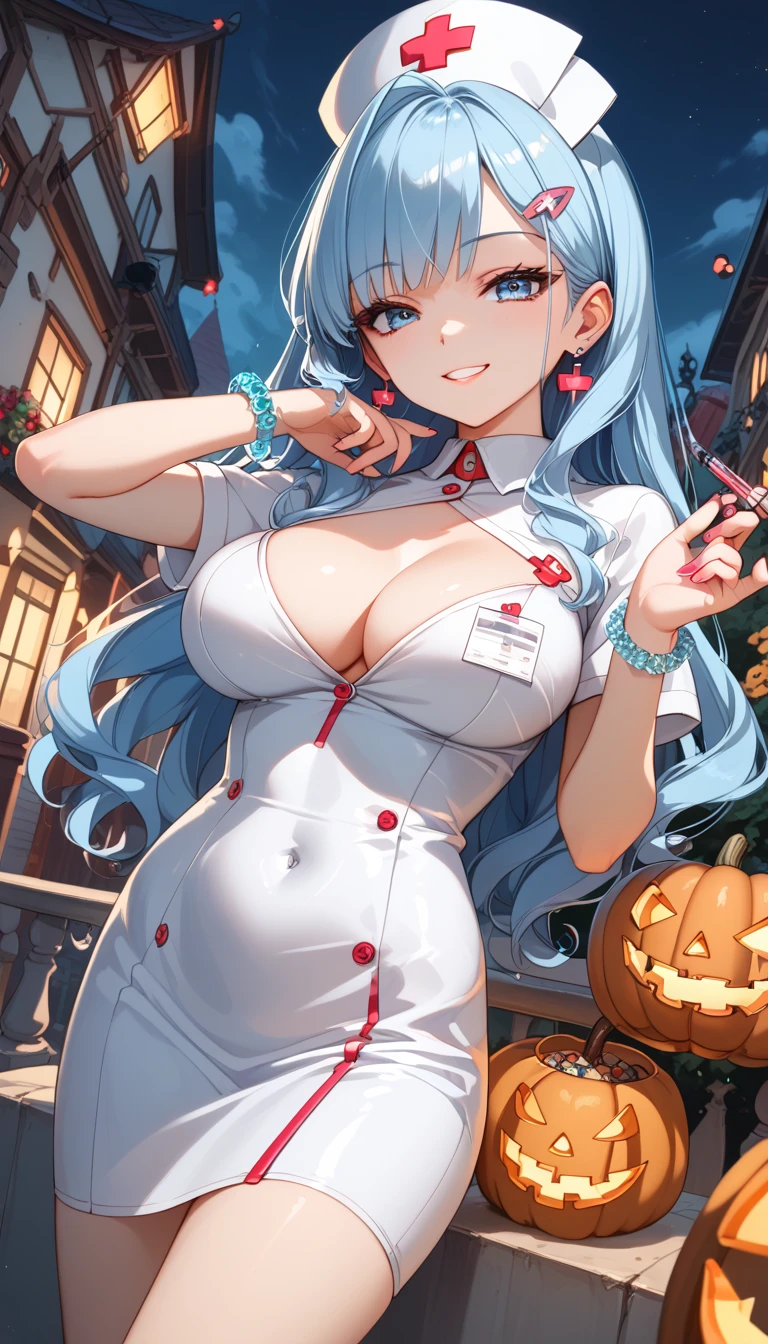 masterpiece, best quality, highly dramatic picture, beautiful eyes, cinematic lens effect, big beautifully shaped breasts , ultra cute, ultra sexy, ultra curvy, ultra bouncy, Dutch angle, horny , pervert, ((Supermodel)), ((Busty Bitches)), ((Halloween)), 1girl , ecchi, anime, cutesy, (sexy photoshoot), nurse costume, long hairstyle, evil seductive smile, sapphire bracelet, hair clips,confident pose, location: bleak island outdoor venue)