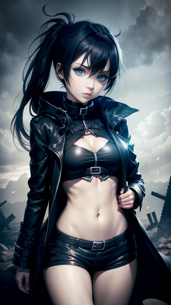 Black Rock Shooter, Trench Coat, Shirt, Blue Eyes, Hotpants, Magic