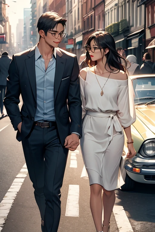 quality、masterpiece、High sensitivity、 high definition 、 detailed description 、 delicate facial depiction )), Slender woman、Glasses、It's flashy too 、 kiss a bit on the road 、 two people walking past each other in a convertible car、
