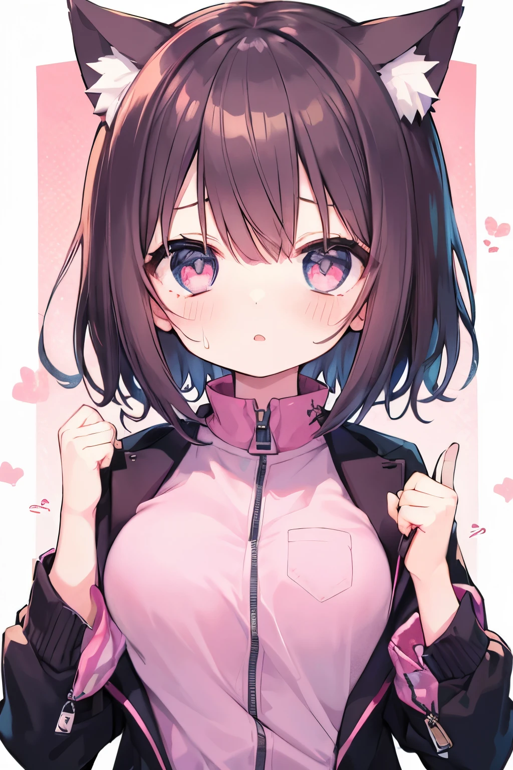 oversized jacket 、Pink no shortcut hair 、 Wearing a collar 、 girl、,首輪とリードをつけた elementary schooll、輝く瞳 、輝く瞳、 1 girl、 small breasts、Cat ears elementary school girl、So beautifuon、cat ears、((((( )))))、heart❤、((sweat、vapor))、flattery、 Embarrassing