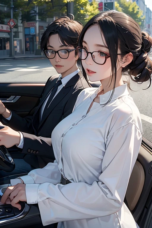 quality、masterpiece、High sensitivity、 high definition 、 detailed description 、 delicate facial depiction )), Slender woman、Glasses、It's flashy too 、 kiss a bit on the road 、 two people walking past each other in a convertible car、
