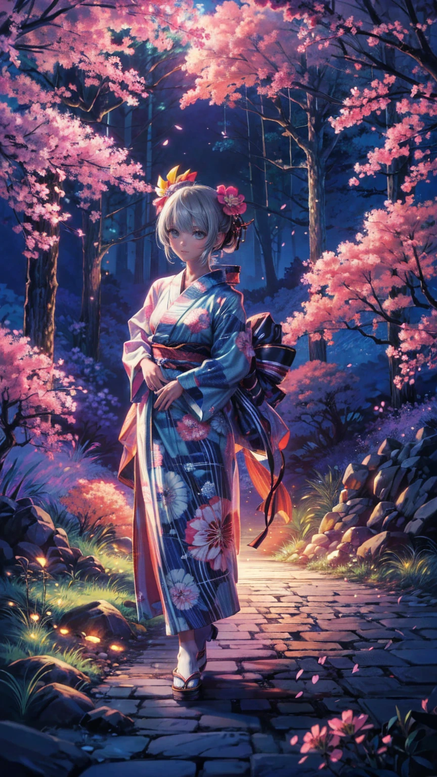 ( masterpiece : 1.2), (  very detailed: 1.2), (  very detailed CG: 1.2), (  high image quality: 1.2), (最  high image quality), 8k,  animated illustration , 、  beautiful girl 、Japanese Yukata/Japanese-style yukata/Japanese style yukata 、　 flower-patterned yukata 、
