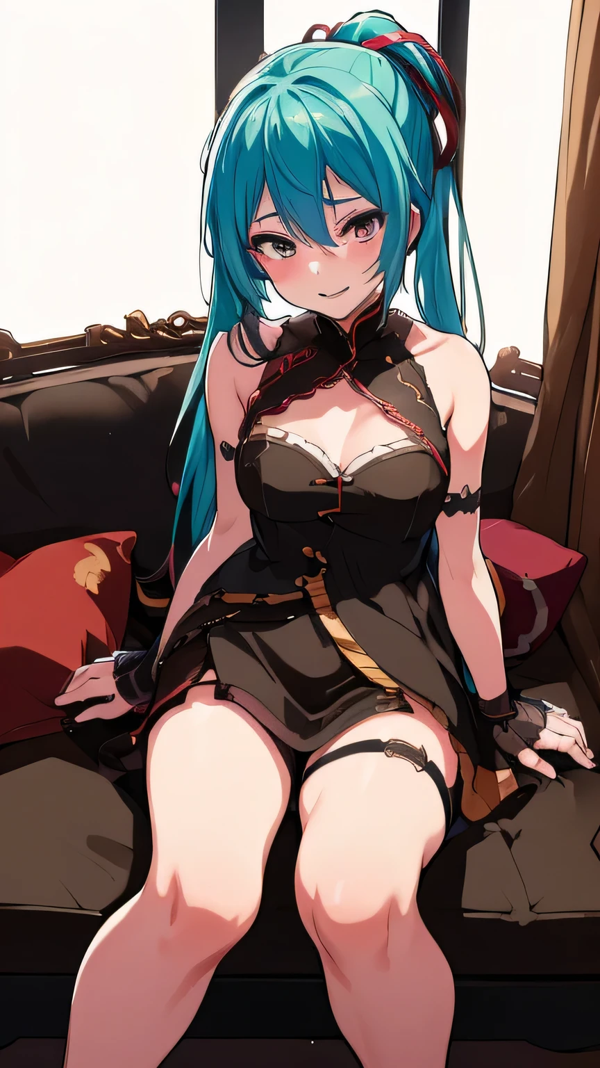 Hatune Miku, 1 person, living room, medium breasts, slender , ( Squats , open legs:1.9 , Pussy line ), parted lips , seductive smile , cinematic lighting ,cinematic lighting , cinematic angle, soft light , color detail, backlighting, Depth of field, long exposure, light steps, intricate colors, vibrant colors,((( HDR,UHD,8K, best quality ,masterpiece ))), very aesthetic, absurdres,((fix_hands),(fix_arms), (fix_feet), (fix_fingers)),masterpiece, best quality, very aesthetic, absurdres,