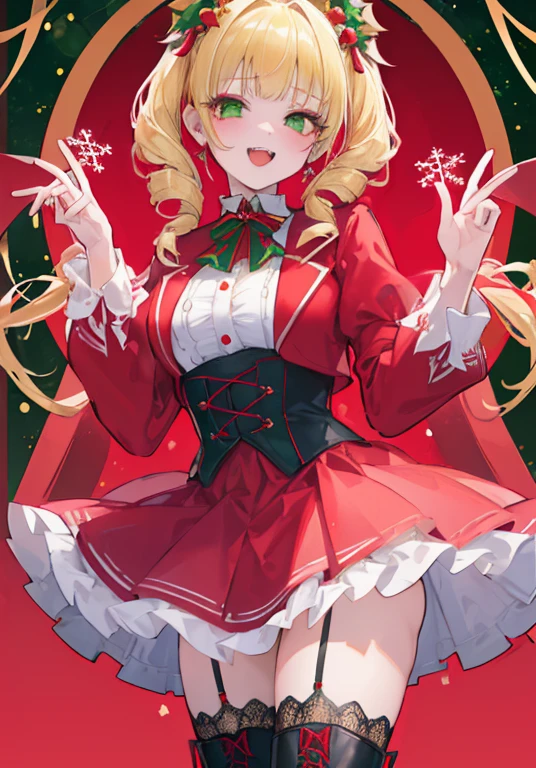 ((( Top quality and ultra detailed ,Unity 8k))),Double Headed Drill , Emerald Eyes , pose, red blazer:1.1 ( Green Gothic Lolita :1.2),,blunt bangs, Red Lace Up Boots, blondes, medium hair,Christmas Charm , Look Down,
 open your mouth slightly,  shows teeth and laughs ,  heavy makeup ,  Bright Eyes ,  good laugh,