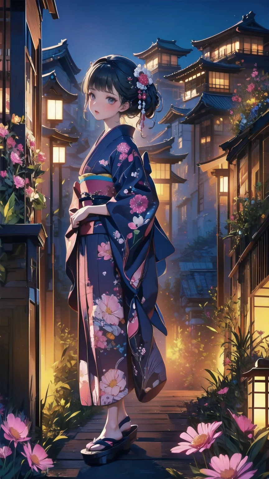  head to toe depiction、 full body view、( masterpiece : 1.2), (  very detailed: 1.2), (  very detailed CG: 1.2), (  high image quality: 1.2), (最  high image quality), 8k,  animated illustration , 、  beautiful girl 、Japanese Yukata/Japanese-style yukata/Japanese style yukata 、　 flower-patterned yukata 、
