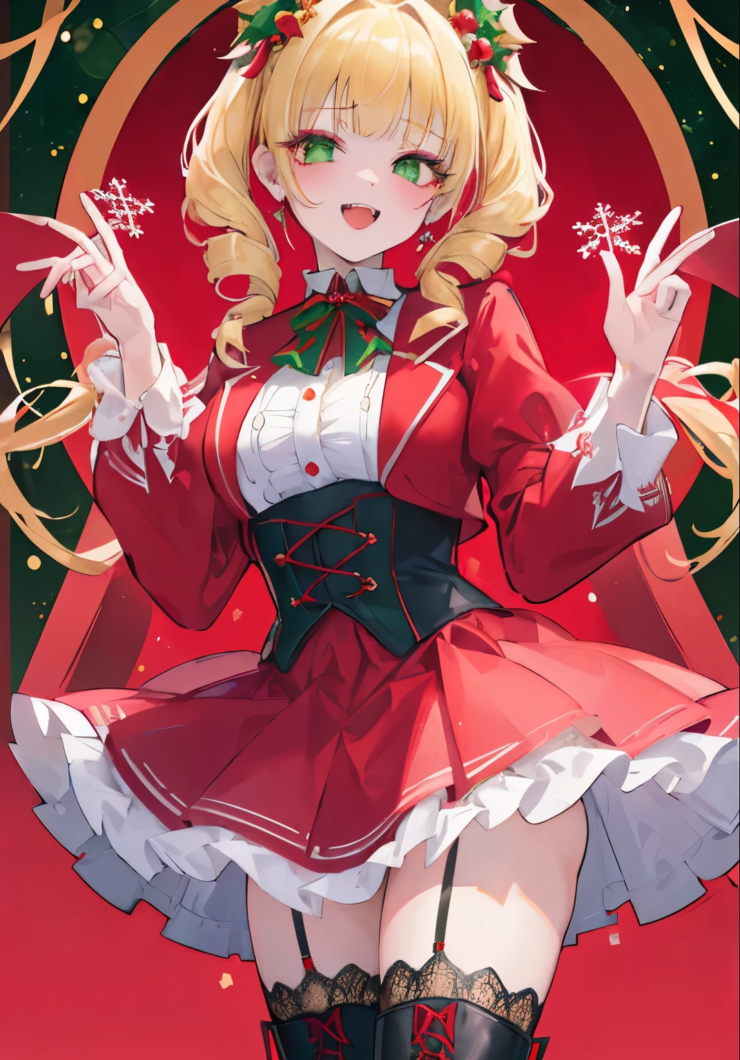 ((( Top quality and ultra detailed ,Unity 8k))),Double Headed Drill , Emerald Eyes , pose, red blazer:1.1 ( Green Gothic Lolita :1.2),,blunt bangs, Red Lace Up Boots, blondes, medium hair,Christmas Charm , Look Down,
 open your mouth slightly,  shows teeth and laughs ,  heavy makeup ,  Bright Eyes ,  good laugh,