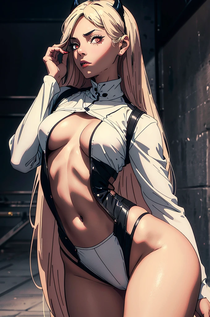 Super detailed、highest quality、Best image quality、masterpiece、8K、Anime Face、A kind smile、Open Mouth、Sparkling Blue Eyes、(Long blonde wavy hair:1.5)、Heavy bangs、Wearing a maid headband、(SFW huge body)、(((Rear view)))、Cowboy Shot、(Wearing a white thong leotard:1.3)、Muscles of the whole body、(Place your hands on your hips:1.2)、(Leaning on a sports car:1.5)、Knee-high socks