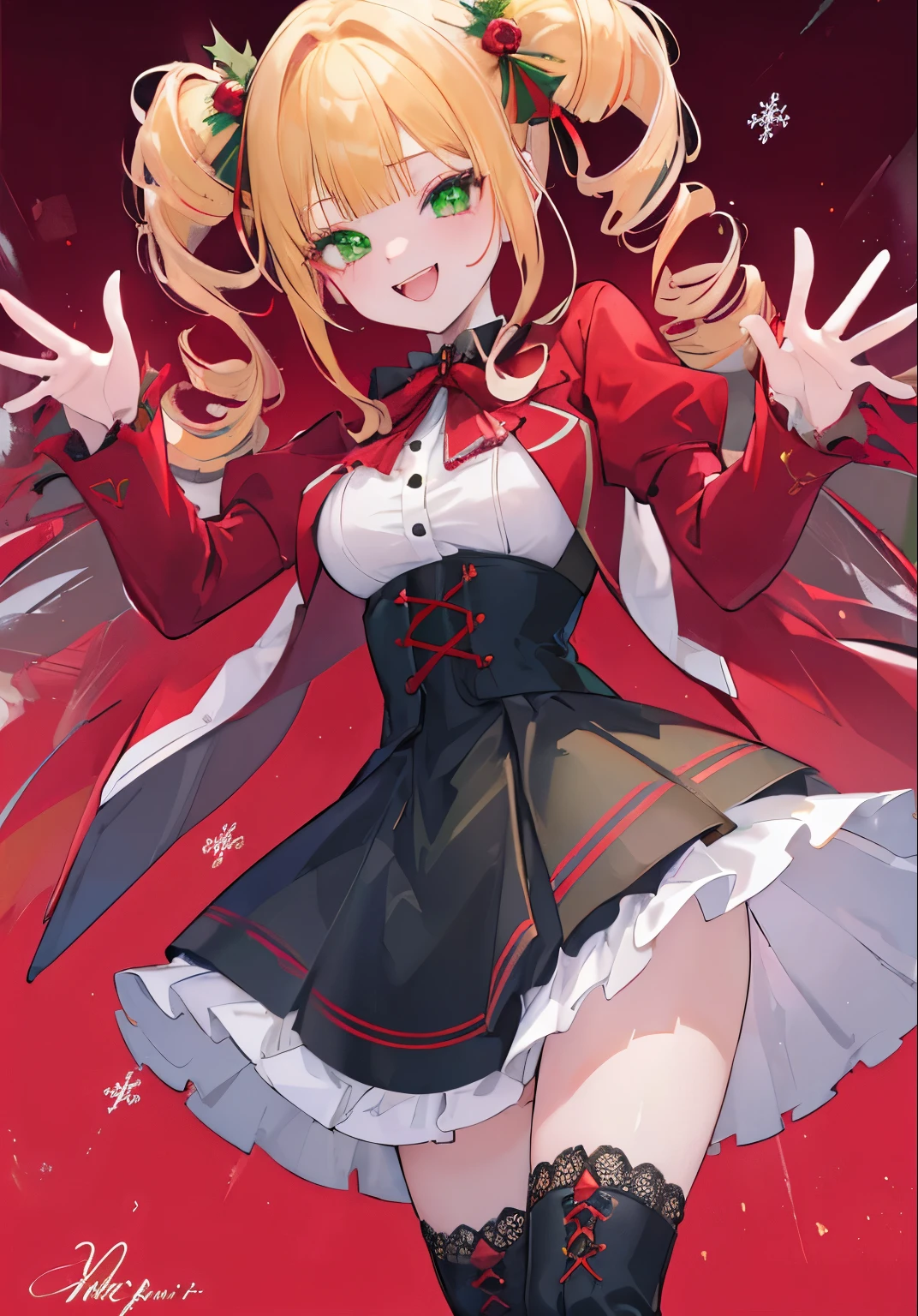 ((( Top quality and ultra detailed ,Unity 8k))),Double Headed Drill , Emerald Eyes , pose, red blazer:1.1 ( Green Gothic Lolita :1.2),,blunt bangs, Red Lace Up Boots, blondes, medium hair,Christmas Charm , Look Down,
 open your mouth slightly,  shows teeth and laughs ,  heavy makeup ,  Bright Eyes ,  good laugh,