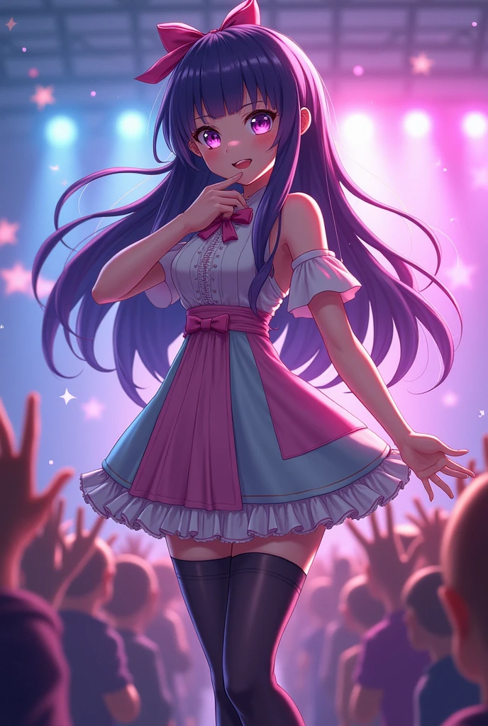 An anime girl with beautiful purple hair and purple eyes with stars inside, wearing a pink and yellow idol outfit, pink shoes, holding a microphone on a concert stage.