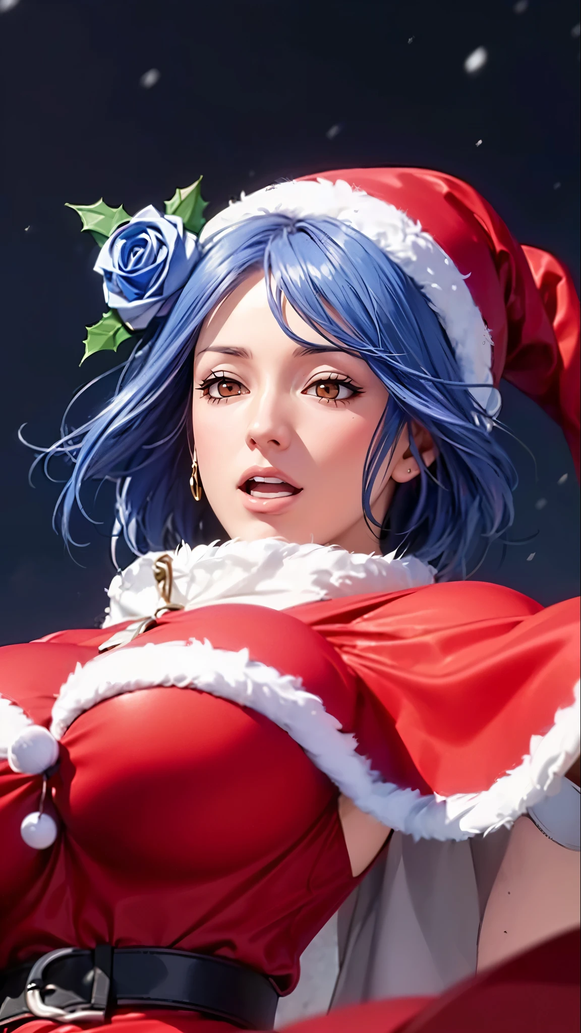 score_9,score_8_up,score_7_up,high res image,masterpiece,best quality,Delicate face,zmzq ,Expressiveh,figure,完美figure,The woman \(Naruto\),(Short hair,blue hair, hair_ ornament , brown eyes,rose,hair_good,:1.2),(big breasts:1.2),(santa_hat, capelet ,santa_costume,white blouse,skirt,White suspender stockings,snow_boots,:1.3),(shanty town/Slum,christmas_tree,night,:1.2),(:d:1.2),(paper, in the air:1.3),(from_below:1.2),