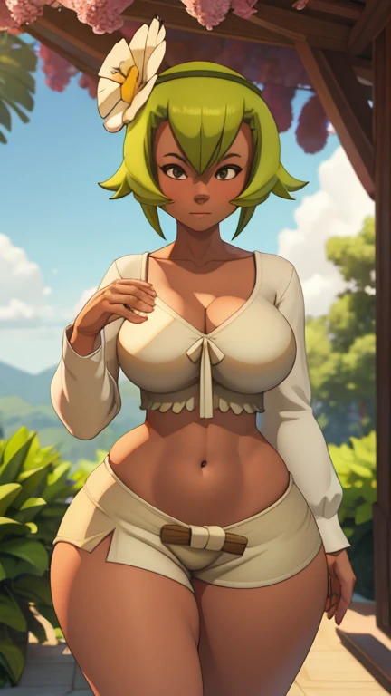 Amalia green hair big brunette short white blouse medium breasts healed abdomen thick thighs Big sexy white shorts in front of the bedroom 3D fazendo pose sensual coxas grossas calça colada no corpo Branca coxas grossas andando no jardim de flor sexy 3D