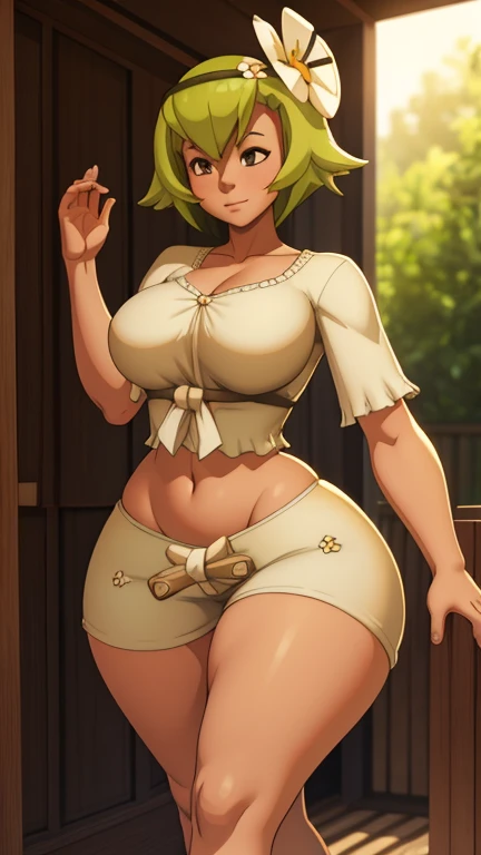 Amalia green hair big brunette short white blouse medium breasts healed abdomen thick thighs Big sexy white shorts in front of the bedroom 3D fazendo pose sensual coxas grossas calça colada no corpo Branca coxas grossas andando no jardim de flor sexy 3D