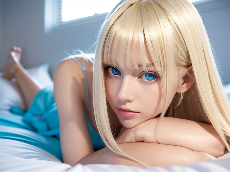  surreal,  super detailed ,  beautiful blonde girl , Super long platinum blonde straight hair,Larger breasts, Very large, incredibly bright blue eyes, Teenage beauty,summer, From the bed、 lying on your back 、 on all fours、Bangs above the face、Small Face Beauty、Round face、Very white, young and beautiful skin