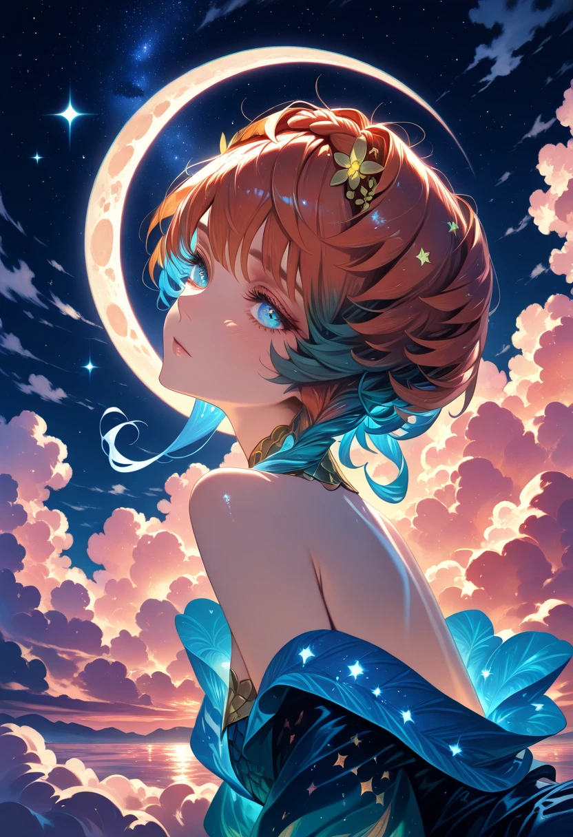 1girl,solo,bare shoulder,cyan hair,leaning on the moon, crescent moon, serene air, calm, multi colored hair, two colored clothes, random color,(Vincent van Gogh
,starry sky), Holland,stars, clouds, eyelashes, beautiful, newest, aesthetic