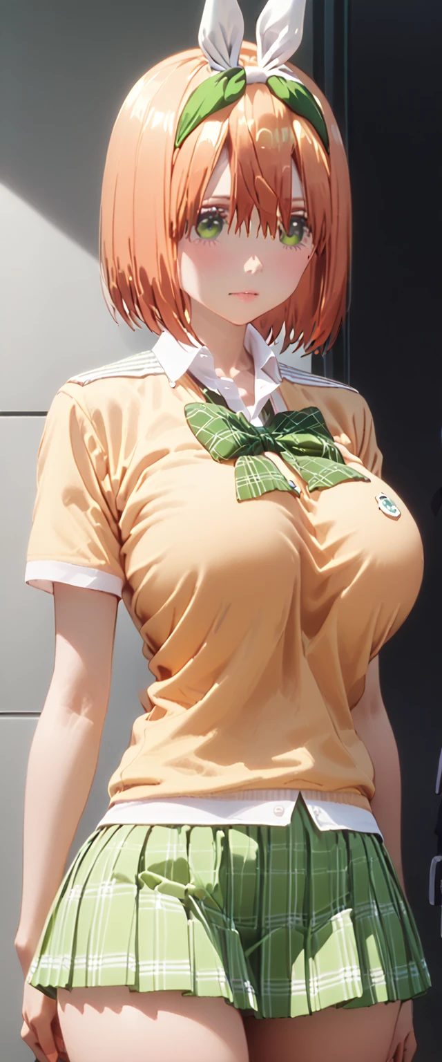 ( top quality 、 Masterpiece、 detailed、4K)、 one woman、、 orange hair、 short hair、(((Nakano Yotsuba)))、 Big Breasts 、 school uniform、 white shirt、 skirt、 ties、front、 beautiful thighs