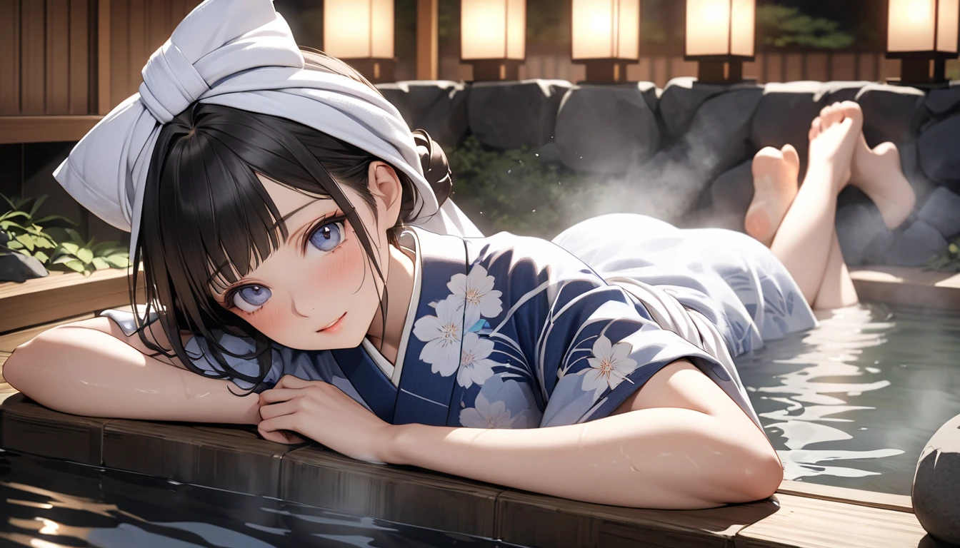 A realistic anime-style portrait of a Japanese woman relaxing in a traditional hot spring (onsen), wearing a blue and white yukata, She has her feet immersed in the hot water with steam rising around her, The lighting is warm and cozy enhancing the tranquil and slightly sensual atmosphere, The setting is a beautiful ryokan with a POV angle emphasizing the serene moment, I'm wrapping a towel around my head, hair bun, tareme, longeyelashes, UHD, retina, masterpiece, accurate, textured skin, anatomically correct, super detail, high details, high quality, highres, best quality, award winning, 16k