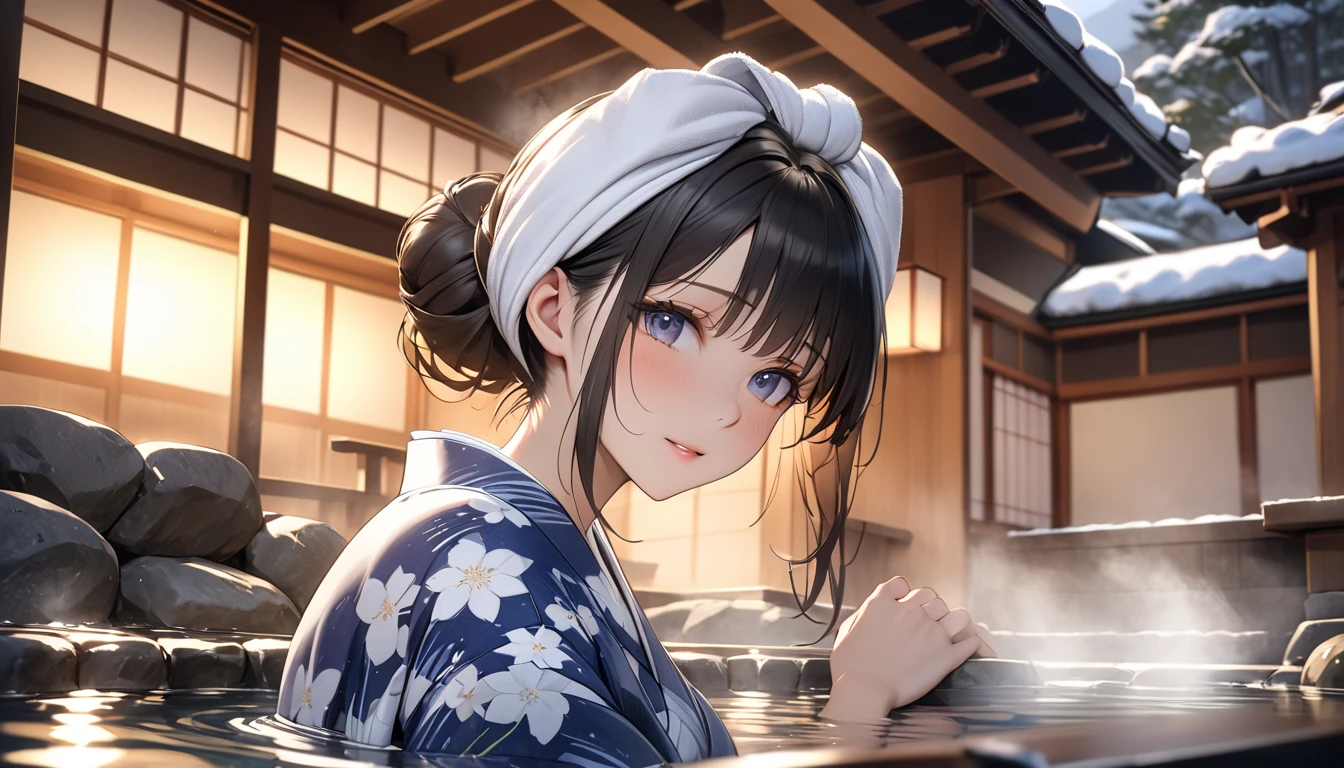 A realistic anime-style portrait of a Japanese woman relaxing in a traditional hot spring (onsen), wearing a blue and white yukata, She has her feet immersed in the hot water with steam rising around her, The lighting is warm and cozy enhancing the tranquil and slightly sensual atmosphere, The setting is a beautiful ryokan with a POV angle emphasizing the serene moment, I'm wrapping a towel around my head, hair bun, tareme, longeyelashes, UHD, retina, masterpiece, accurate, textured skin, anatomically correct, super detail, high details, high quality, highres, best quality, award winning, 16k