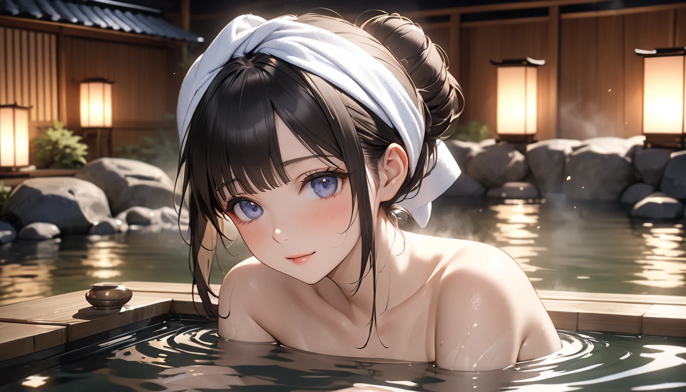 A realistic anime-style portrait of a Japanese woman relaxing in a traditional hot spring (onsen), wearing a blue and white yukata, She has her feet immersed in the hot water with steam rising around her, The lighting is warm and cozy enhancing the tranquil and slightly sensual atmosphere, The setting is a beautiful ryokan with a POV angle emphasizing the serene moment, I'm wrapping a towel around my head, hair bun, tareme, longeyelashes, UHD, retina, masterpiece, accurate, textured skin, anatomically correct, super detail, high details, high quality, highres, best quality, award winning, 16k