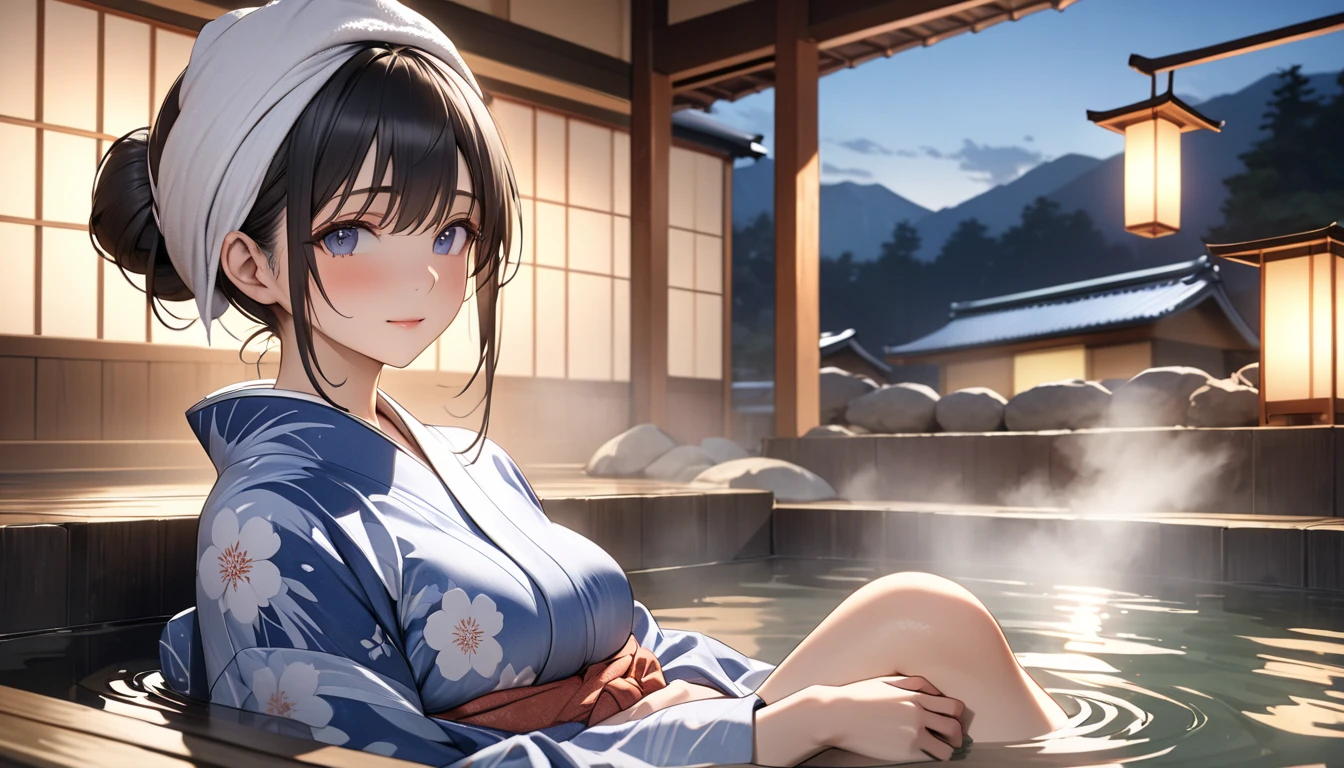 A realistic anime-style portrait of a Japanese woman relaxing in a traditional hot spring (onsen), wearing a blue and white yukata, She has her feet immersed in the hot water with steam rising around her, The lighting is warm and cozy enhancing the tranquil and slightly sensual atmosphere, The setting is a beautiful ryokan with a POV angle emphasizing the serene moment, I'm wrapping a towel around my head, hair bun, tareme, longeyelashes, UHD, retina, masterpiece, accurate, textured skin, anatomically correct, super detail, high details, high quality, highres, best quality, award winning, 16k