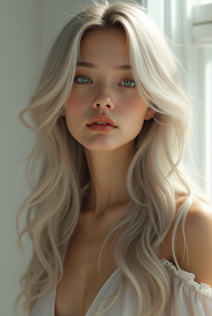 Make a woman pale, with long hair strands. Thin enough to have visible bones. She carries a stunning beauty.