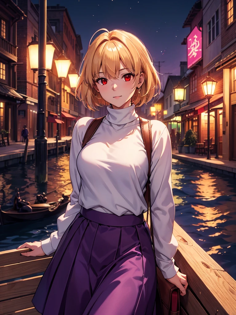 (​masterpiece, top-quality, hight resolution, Unity 8k, extremely details CG:1, Best Picture), arcueid brunestud, blonde hair, (red eyes:1.5), short hair, ahoge, long skirt, (((purple skirt))), sweater, turtleneck, white sweater, large breasts, "A mysterious and beautiful woman standing under the dim light of a street lamp at a quiet harbor at night. The faint glow reflects off the calm water, and cargo crates are stacked nearby. She wears a long coat over a sleek dress, her hair gently tousled by the sea breeze. Her expression is both serene and inviting, as if waiting for someone special or sharing a secret rendezvous. She gazes toward the viewer, a slight smile playing on her lips, one hand tucked into her coat pocket while the other holds a small, unassuming bag. The air feels cool and heavy with the sounds of distant waves."