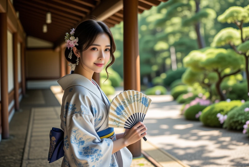 A hyper-realistic and cinematic depiction of a serene Japanese summer landscape, captured from a close-up, waist-up perspective. Outside the corridor of an old Japanese mansion, a lush garden flourishes under the vibrant summer sun. Tall black pine trees cast dappled shadows on the ground, their deep green needles swaying gently in the breeze. The bright sunlight filters through the leaves, creating patterns of light and shadow on the carefully raked gravel paths and mossy stones. A stone lantern stands among colorful hydrangeas in full bloom, their soft petals bursting with shades of blue, purple, and pink. The warm, clear summer air feels alive with the soft hum of cicadas echoing through the peaceful scene.

In the shaded wooden corridor, a Japanese woman stands gracefully, facing forward with a serene expression. She wears a traditional yukata in soft white and pale blue, adorned with delicate patterns of morning glories and swirling water motifs, evoking the refreshing coolness of summer. Her dark hair is neatly styled and adorned with a subtle floral hairpin. In her right hand, she delicately holds a folding fan (sensu), partially opened, its surface decorated with a painting of flowing water and flowers. The fan adds an elegant and practical touch, as if she is cooling herself against the summer heat. The sunlight filtering through the corridor gently illuminates her face and the intricate details of her yukata, creating a harmonious interplay between light and shadow. Her poised and tranquil presence complements the timeless beauty of the garden, capturing the essence of a peaceful Japanese summer day.