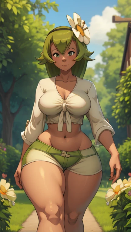 Amalia dark green hair brunette medium tits abdomen healed thick thighs short white shorts Panties floss panties short white sexy 3D blouse walking in the flower garden brunette coxas grossas Grande