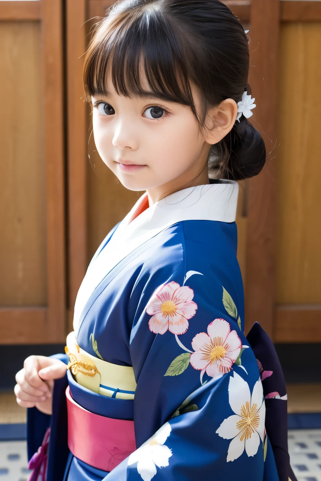 A beautiful  elementary school student, one girl, Kimono with 花 pattern、Bust Shot、I&#39;m drinking tea and relaxing、Highest quality、Hair is black and in a ponytail、smiling, I'm drinking steaming greentea,bust up, She is posing with red maples in the background, squats,Dancing 